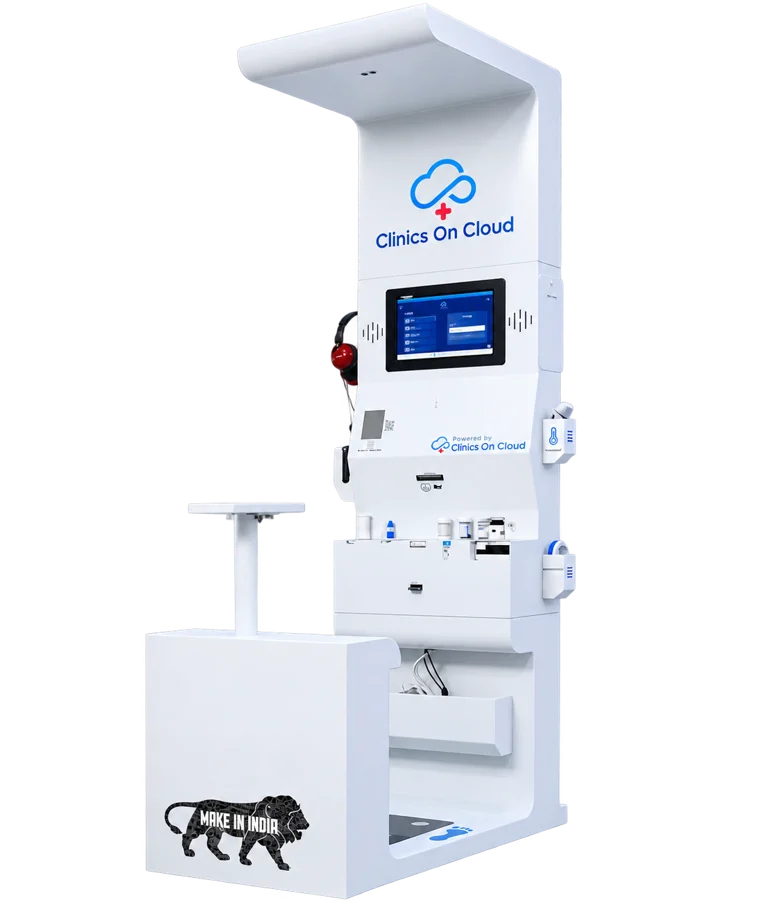 Clinics on Cloud Health ATM health kiosk with touchscreen, BP cuff, thermometer and hearing headset