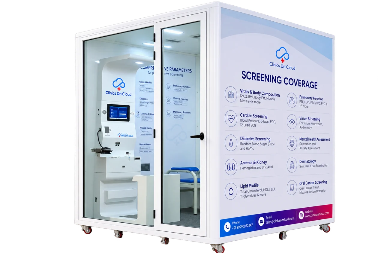 Clinics on Cloud Health Lounge, a glass-walled private screening suite with a health kiosk and examination couch